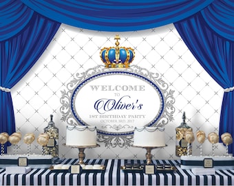 Blue and Silver Prince Crown Backdrop | Boys Party Banner | Poster | Signage | Personalised | Printable ONLY | Birthday Backdrop