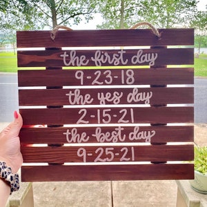 The first day, the yes day, the best day wedding dates sign, wooden pallet sign