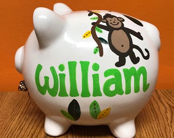 Custom hand painted personalized piggy bank - Baby Shower gift - New baby - Baptism - Boy - Jungle - Animals