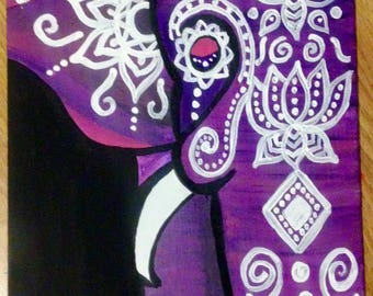 May include: Purple and white painted canvas with a detailed design of an elephant's head. The elephant's eye is pink and the design includes white swirls and dots.