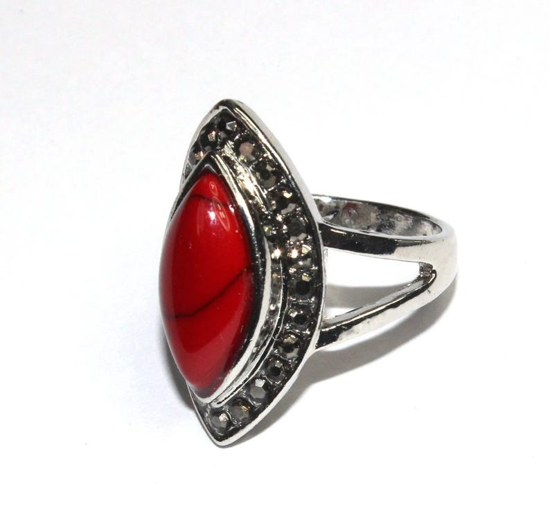 Silver Plated Coral /& Marcasite Marquise Ring Designer Gemstone Statement Ring Bohemian Ring Antiquated Ring Wedding Ring Gift Idea