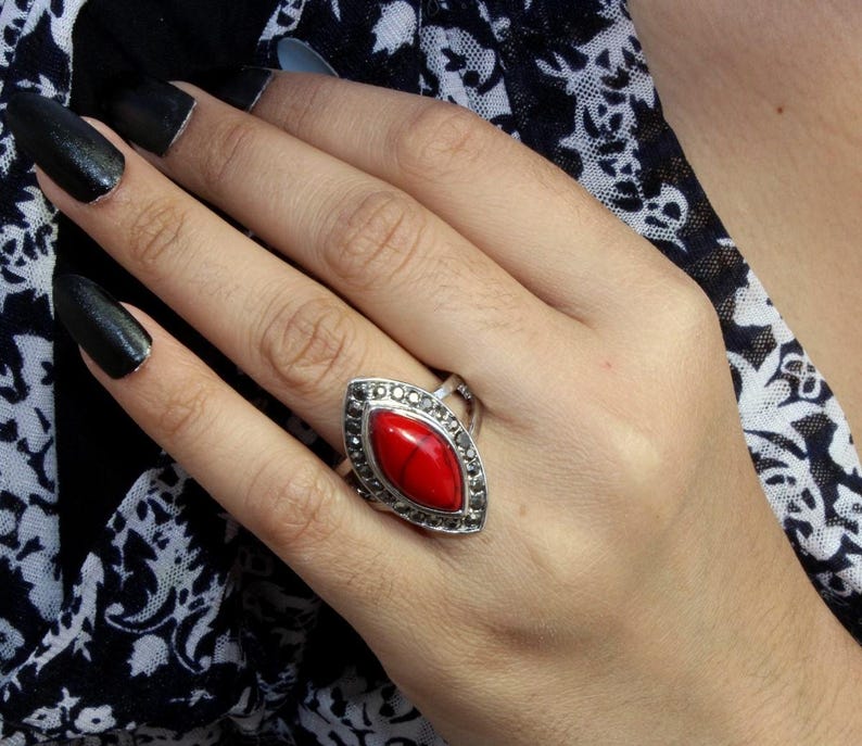 Silver Plated Coral /& Marcasite Marquise Ring Designer Gemstone Statement Ring Bohemian Ring Antiquated Ring Wedding Ring Gift Idea