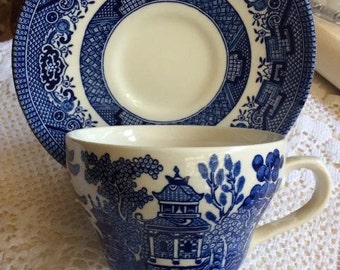 Vintage English Blue and White Teacup and Saucer