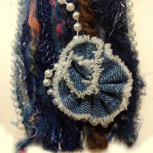 snippet roll, 3" ribbon, fiber art ribbon, 3" Handmade Steampunk Ribbon, junk journal embellishment, “Blue Jeans & Pearls”,yarn snippet,