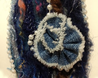 snippet roll, 3" ribbon, fiber art ribbon, 3" Handmade Steampunk Ribbon, junk journal embellishment, “Blue Jeans & Pearls”,yarn snippet,