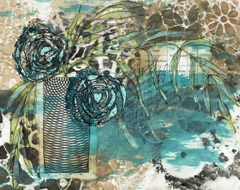 Collagepapper med blandteknik: Blågröna blommiga journalsidor (digital nedladdning)