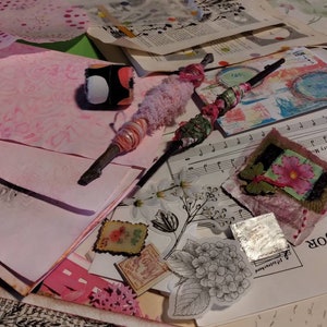 Kit roze en limoengroen, papier voor tijdschriften, textielkunst, slow stitch, kunst aan de muur, inspiratiebundel, zacht werk, ephemera pack