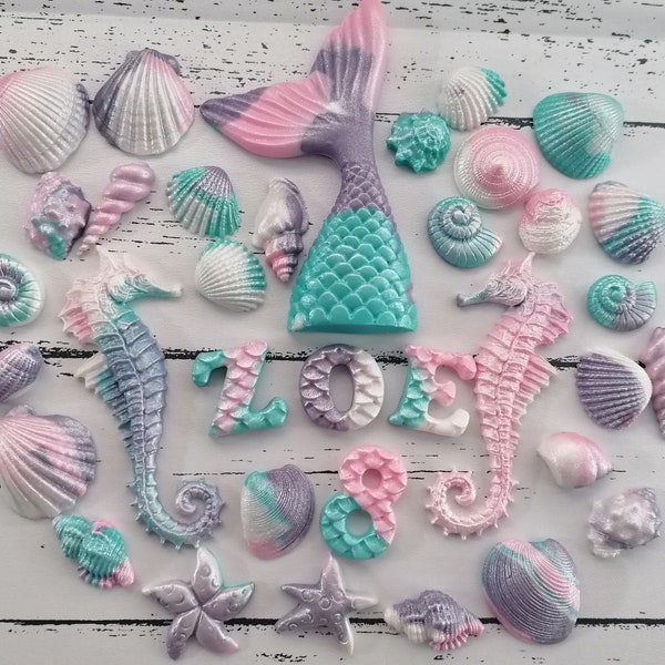 Under the sea Shells Mermaid tail Seahorses Name and age Number Cake Toppers Edible Sugar