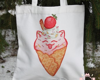 Cute Ice Cream Cat canvas tote bag durable