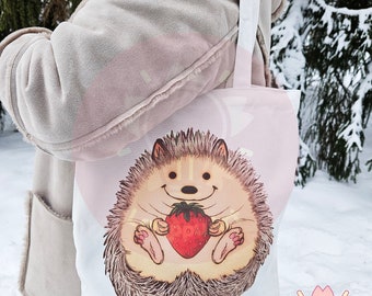 CANVAS TOTE BAG Cute hedgehog holding a strawberrry durable