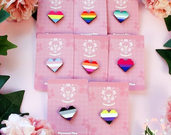 LGBTQ Wooden Pin Pixel heart
