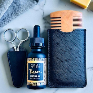 Sandalwood Beard Oil Set: Grooming Kit with Comb & Scissors