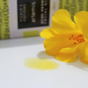 May include: A bright yellow flower with orange-red markings lies next to a small puddle of yellow liquid. The background includes a partially visible product box with the text "Pickle's Potions" and "Artemis". The image is set on a white surface.