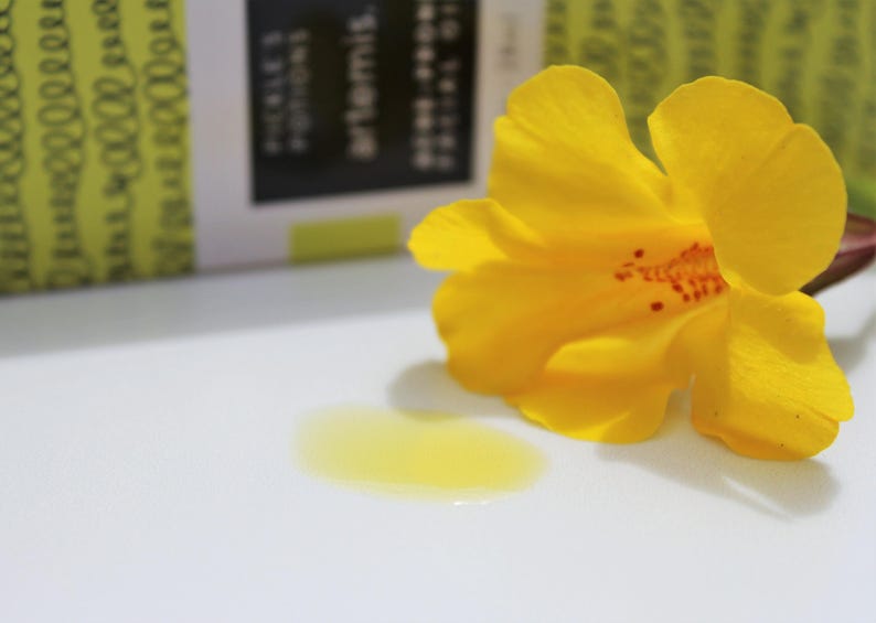 May include: A bright yellow flower with orange-red markings lies next to a small puddle of yellow liquid. The background includes a partially visible product box with the text "Pickle's Potions" and "Artemis". The image is set on a white surface.