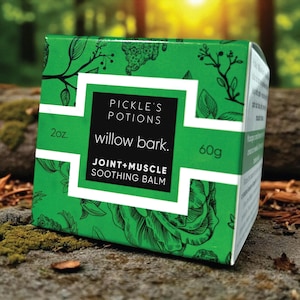 May include: A green box of Pickle's Potions willow bark joint and muscle soothing balm. The box has a white frame with the text "willow bark" and "joint + muscle soothing balm". The box also has the text "2oz" and "60g". The box has a floral design.