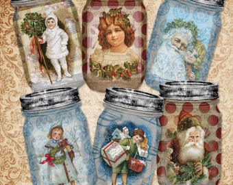 May include: Six vintage-style mason jars with Christmas-themed images. The jars have silver lids and are decorated with various holiday scenes, including Santa Claus, children, and holly.