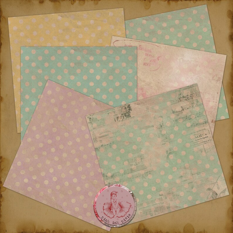 May include: A set of four vintage-style patterned papers with polka dots. The papers are in shades of pink, yellow, green, and brown. The papers are distressed and have a vintage look. The papers are perfect for scrapbooking, card making, and other paper crafts.