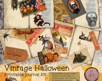 May include: Vintage Halloween printable journal kit with 23 sheets, including a cover page, 17 double pages, and 5 sheets of ephemera. The kit features images of bats, owls, spiders, and other spooky creatures.