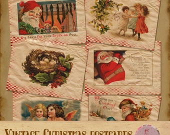 May include: A set of vintage Christmas postcards featuring images of Santa Claus, a bird's nest with eggs, children, and a holly sprig. The postcards have a distressed, aged look and are printed on a red and white checkered background. The text on the postcards includes "May Santa Fill Your Stocking Full", "Wishing you Christmas Cheer", and "Now comes the good old Christmas time, I wish that you were here since that can't be I send this rhyme with greetings most sincere."