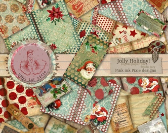 Jolly Holiday, kit de diario de Navidad retro imprimible, diario basura, uso comercial, descarga instantánea de efímeras, papeles de Navidad y imágenes prediseñadas