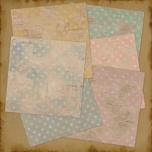 May include: A collection of vintage patterned papers with polka dots in various colors, including blue, pink, and yellow. The papers have a distressed, aged look and are perfect for scrapbooking, card making, or other craft projects.