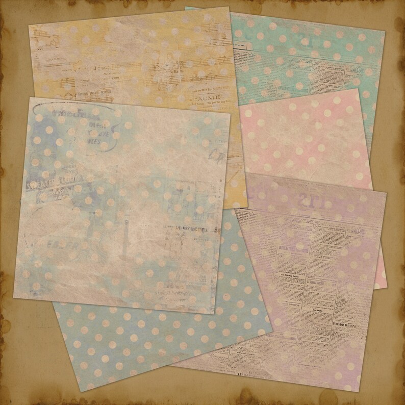 May include: A collection of vintage patterned papers with polka dots in various colors, including blue, pink, and yellow. The papers have a distressed, aged look and are perfect for scrapbooking, card making, or other craft projects.