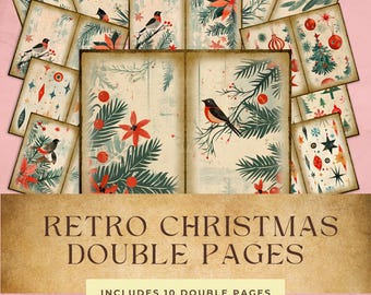 May include: A collection of vintage-style Christmas double pages with illustrations of birds, poinsettias, and ornaments. The pages have a distressed, aged appearance. The text at the bottom reads "Retro Christmas Double Pages" and "Includes 10 Double Pages."