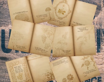 May include: A set of 10 printable cards featuring vintage botanical illustrations and quotes about nature. The cards are printed on a textured, aged paper background. The quotes include: "In all things of nature, there is something of the marvelous.", "Some of Nature's handiwork are so nigh, so long as they are not looked at, we miss them.", "The tiniest of flowers have the brightest colors.", "The earth laughs in flowers.", "There are no weeds, flowers are our constant friends.", "Every flower is a soul blossoming in nature.", "Where eyes can go through the room, but the soul cannot, there is the art of the flowers to it.", "In the spring, at the end of the day, you should smell like dirt.", "Study nature, love nature, stay close to nature. It will never fail you.", "If we saw the Milky Way as often as we see the flowers, we would think it wonderful."