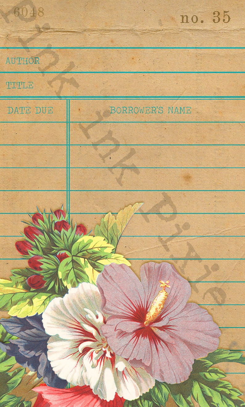 Printable Vintage Library Cards Set of 4, Printable Ephemera, Flowers