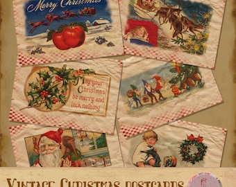 May include: Vintage Christmas postcards with various holiday scenes, including a red and green holly sprig, a Santa Claus, a group of elves, and a reindeer pulling a sleigh. The postcards have a distressed, aged look and are decorated with red and white checkered borders.