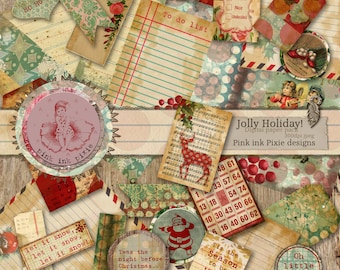 May include: A digital paper pack with a Christmas theme. The pack includes images of a reindeer, Santa Claus, a star, and other festive elements. The images are in a vintage style with a distressed look. The text "Jolly Holiday!" is included in the image.
