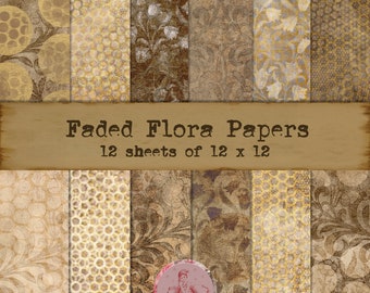 12 Faded Flora Printable papers,  A4. 8.5 x 11 inch scrapbook paper, mixed media, junk journals, instant download, digital paper crafts