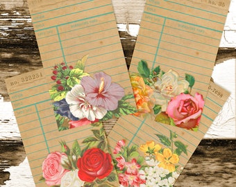 Printable vintage Library cards set of 4, Printable ephemera, flowers, aged printable paper, junk journal supplies,