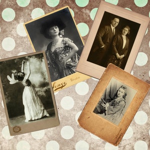 May include: Four vintage photographs with a polka dot background. The photos show a woman in a dress, a woman in a dress and a hat, a couple in formal attire, and a woman in a dress.
