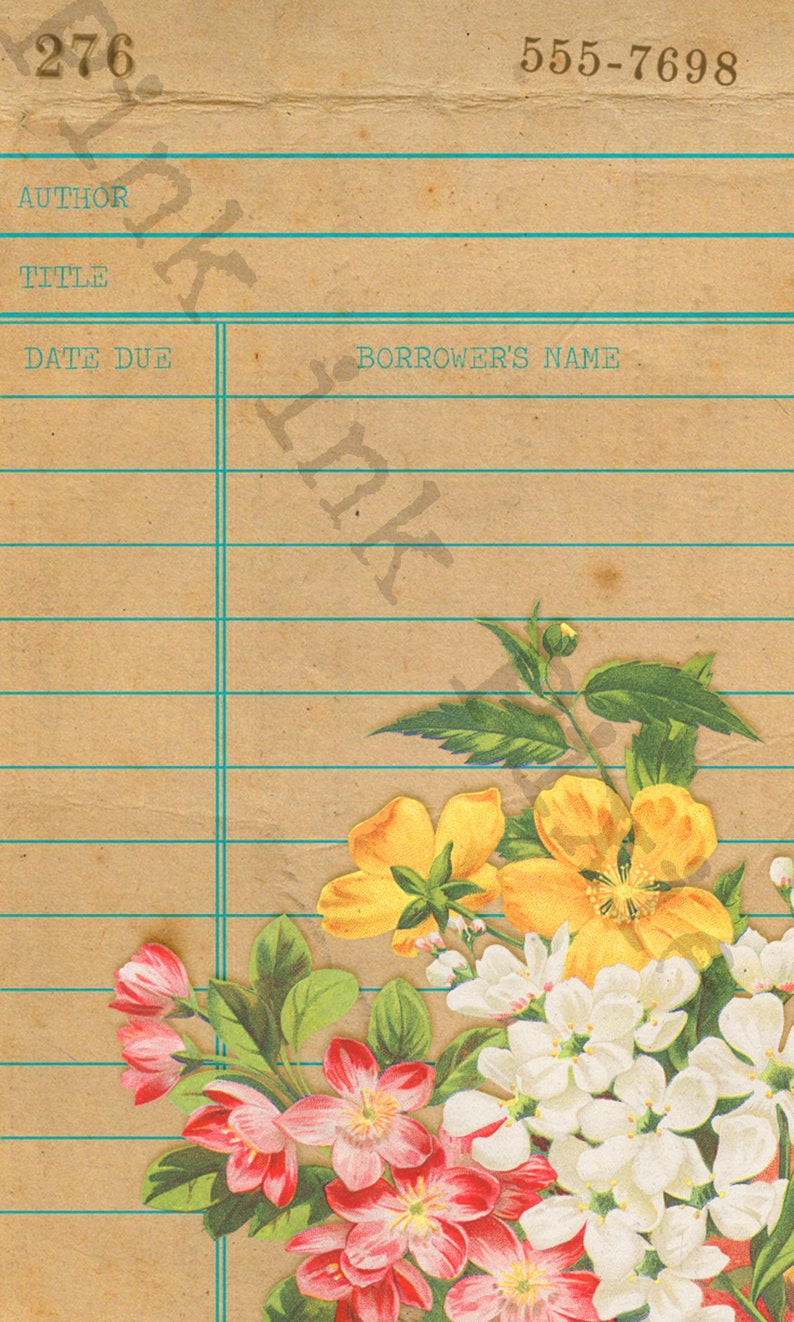 Printable Vintage Library Cards Set of 4, Printable Ephemera, Flowers
