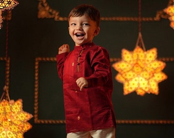 Kurta à porter ethnique en coton et soie tissé à la main bordeaux pour garçon | Traditionnel, Diwali, Mariage, Tenue de fête pour garçon