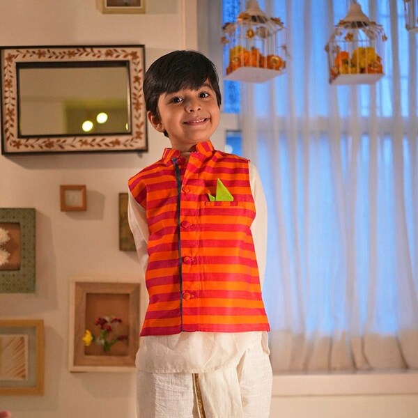 Orange Nehru coat/ jacket for boys, bandhgala in cotton silk | Traditional wear for Wedding, Shaadi, Annaprashasan outfit for boys