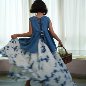 Girls Boho Indigo Tie Dye Frilly Voluminous Skirt set in Organic cotton with a sleeveless top image 9