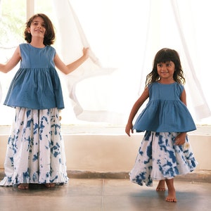 Girls Boho Indigo Tie Dye Frilly Voluminous Skirt set in Organic cotton with a sleeveless top image 1