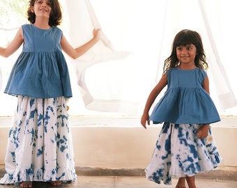 Girls Boho Indigo Tie Dye Frilly Voluminous Skirt set in Organic cotton with a sleeveless top