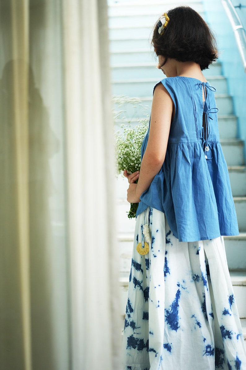 Girls Boho Indigo Tie Dye Frilly Voluminous Skirt set in Organic cotton with a sleeveless top image 4