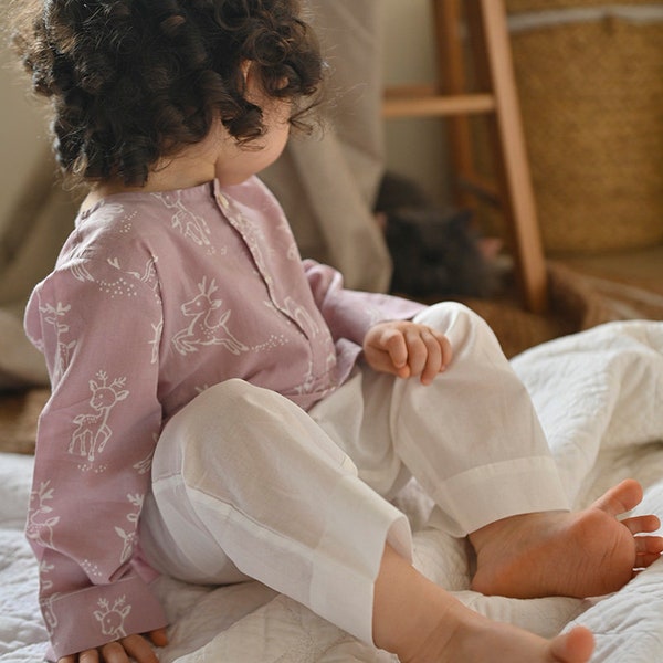 Kids kurta pajama set in lilac reindeers print 100% Pure Cotton | Jaipur Hand Block Printed Loungewear | Matching family sets