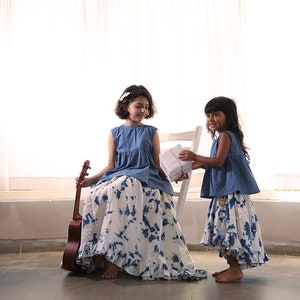 Girls Boho Indigo Tie Dye Frilly Voluminous Skirt set in Organic cotton with a sleeveless top image 10