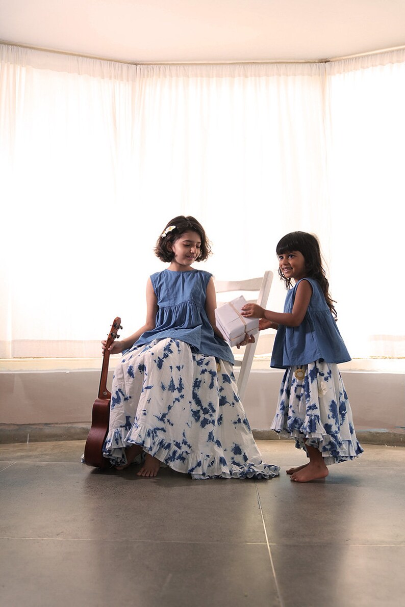 Girls Boho Indigo Tie Dye Frilly Voluminous Skirt set in Organic cotton with a sleeveless top image 10