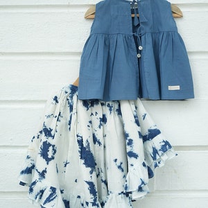 Girls Boho Indigo Tie Dye Frilly Voluminous Skirt set in Organic cotton with a sleeveless top image 3