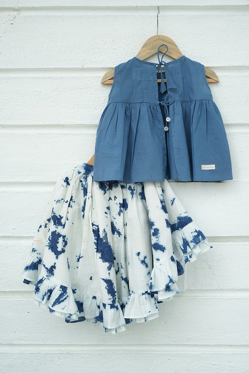 Girls Boho Indigo Tie Dye Frilly Voluminous Skirt set in Organic cotton with a sleeveless top image 3