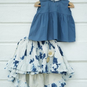 Girls Boho Indigo Tie Dye Frilly Voluminous Skirt set in Organic cotton with a sleeveless top image 2