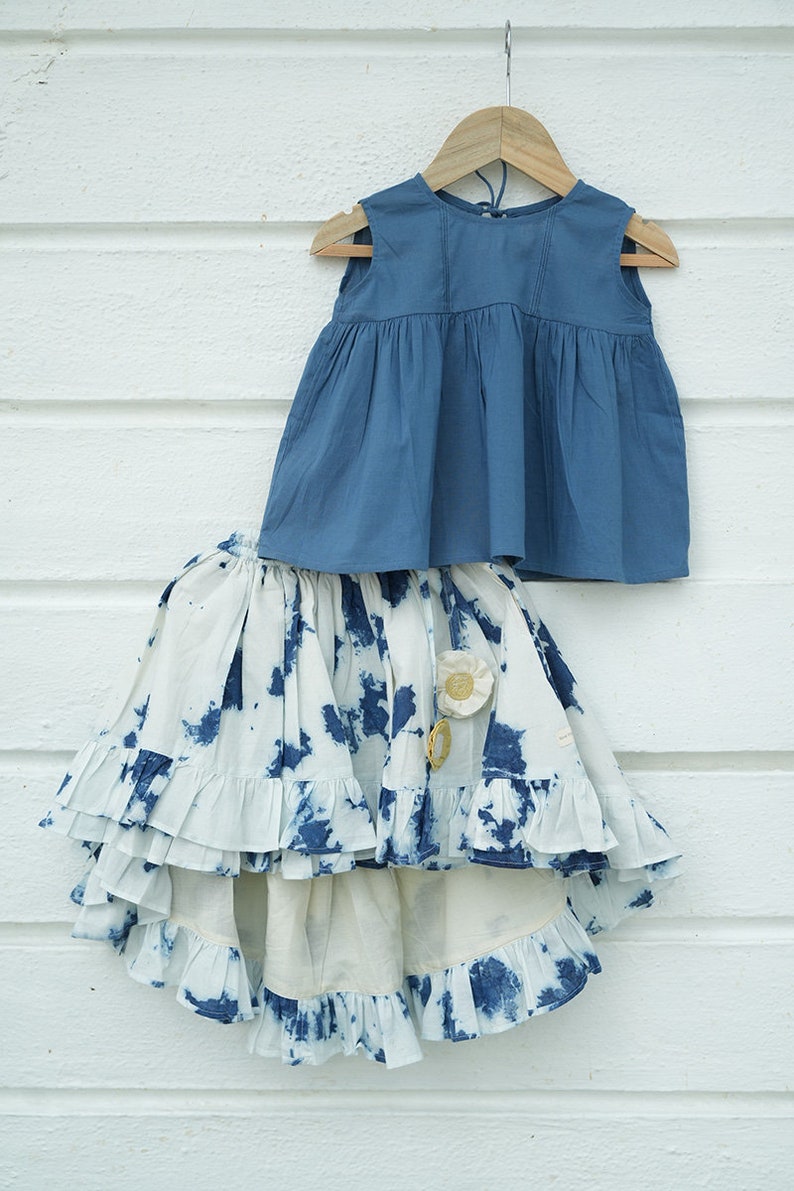 Girls Boho Indigo Tie Dye Frilly Voluminous Skirt set in Organic cotton with a sleeveless top image 2