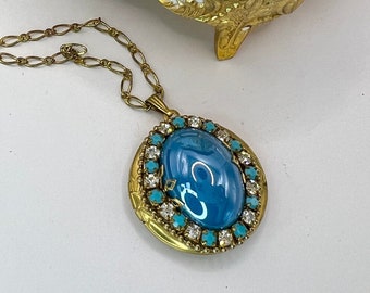 Vintage Turquoise Crystal Locket Necklace: Gold Tone Brass Victorian Revival