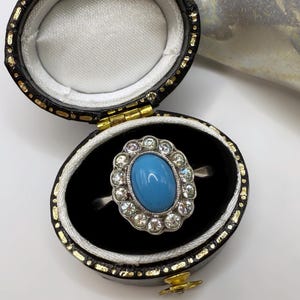 Antiker Türkis 9ct Gold & 925 Sterling Silber Ring | Aqua Blue Halo Ring Zirka 1950 | Vintage Cocktail Ring aus WildVetiver